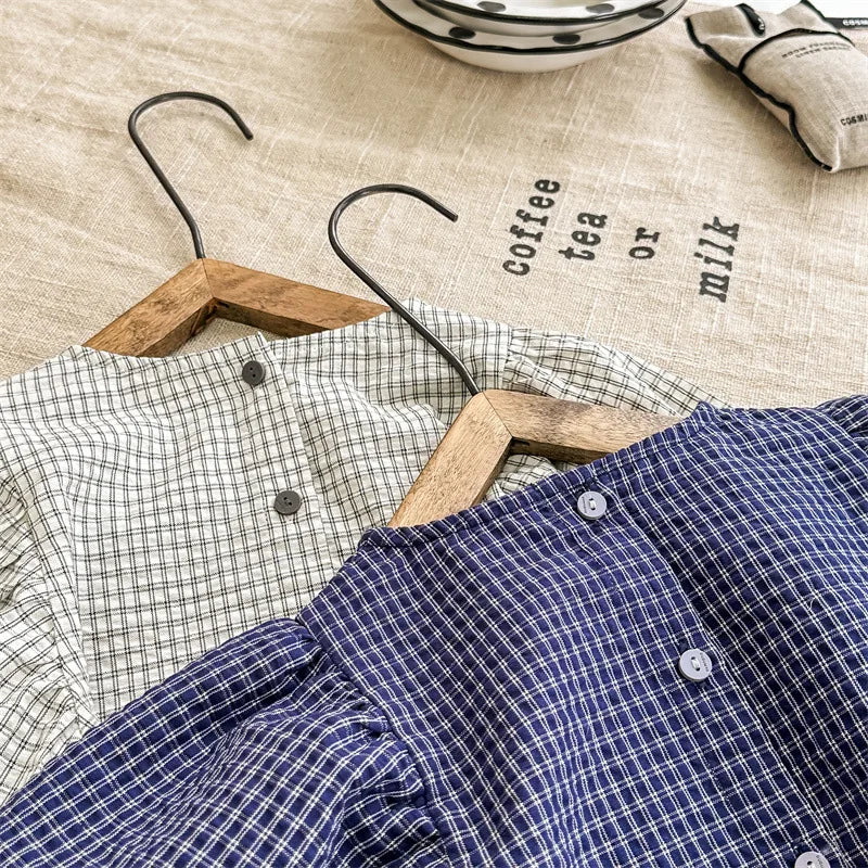 長袖シャツ・ブラウス キッズトップス 長袖パフスリーブブラウス チュニック チェック柄 ベージュ/ブルー/2カラー