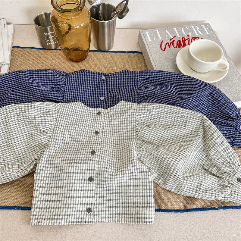 長袖シャツ・ブラウス キッズトップス 長袖パフスリーブブラウス チュニック チェック柄 ベージュ/ブルー/2カラー