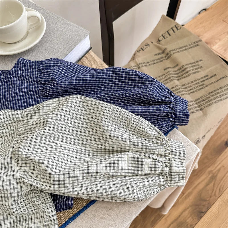 長袖シャツ・ブラウス キッズトップス 長袖パフスリーブブラウス チュニック チェック柄 ベージュ/ブルー/2カラー