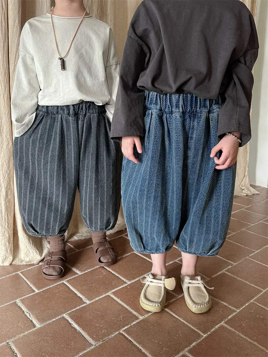ロングパンツ・スウェットパンツ キッズパンツ ストライプ アンクルランタンパンツ バルーンパンツ ブルー/グレー/2カラー