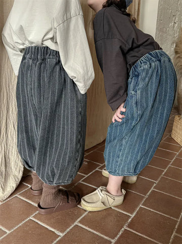 ロングパンツ・スウェットパンツ キッズパンツ ストライプ アンクルランタンパンツ バルーンパンツ ブルー/グレー/2カラー