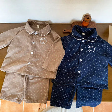 長袖パジャマ キッズパジャマ 長袖パジャマセット 水玉ドットプリント 長袖シャツ ロングパンツ カーキ/ネイビーブルー/2カラー