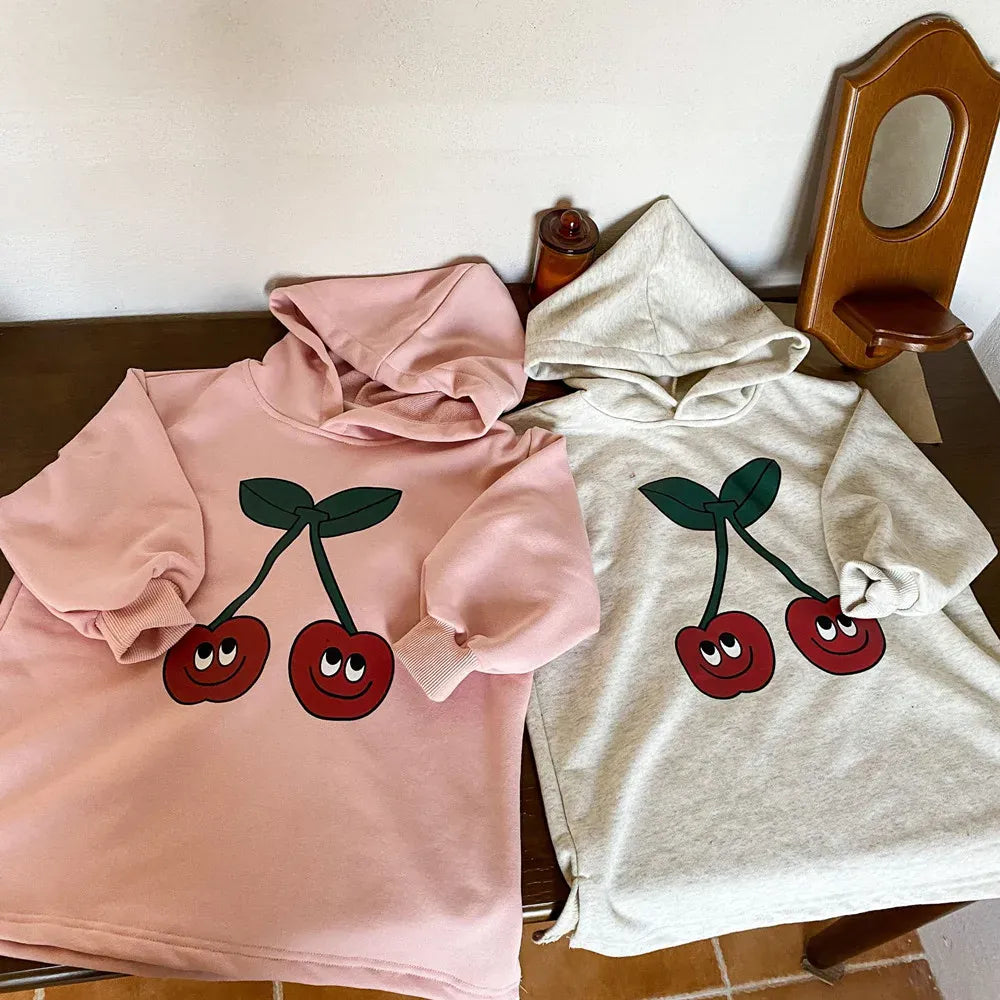 長袖ワンピース キッズワンピース フーディスウェット長袖ワンピース チェリーさくらんぼプリント ピンク/ライトグレー/2カラー