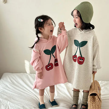 長袖ワンピース キッズワンピース フーディスウェット長袖ワンピース チェリーさくらんぼプリント ピンク/ライトグレー/2カラー