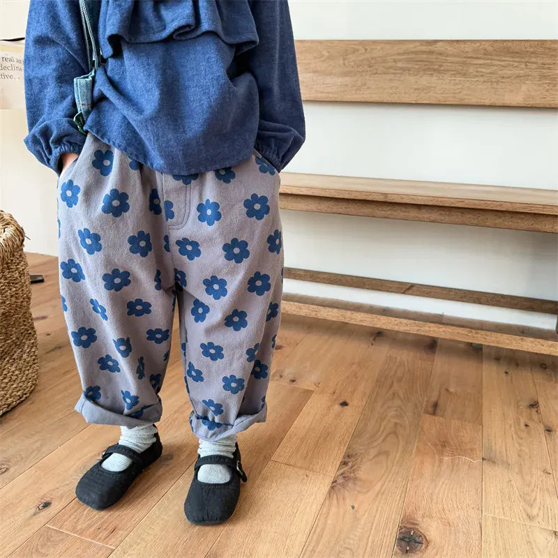ロングパンツ・スウェットパンツ キッズパンツ ロングルーズパンツ レトロフラワー花柄プリント グレー コーヒー 2カラー