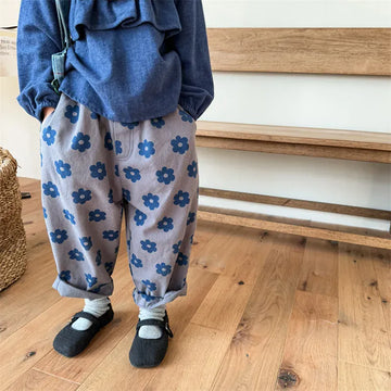 ロングパンツ・スウェットパンツ キッズパンツ ロングルーズパンツ レトロフラワー花柄プリント グレー コーヒー 2カラー