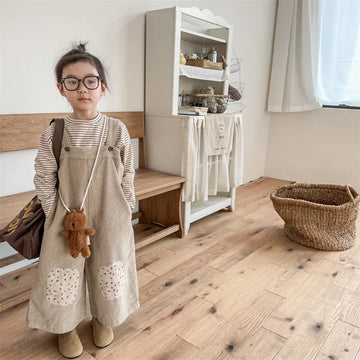 サロペットパンツ・サスペンダーパンツ キッズサロペット コーデュロイサスペンダーパンツ ワイドルーズ 膝パッチ ブルー カーキ 2カラー