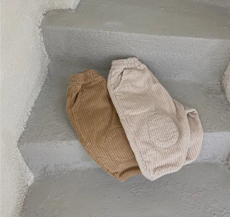 ロングパンツ・スウェットパンツ キッズパンツ コーデュロイ 膝パッチ ルーズパンツ ロングパンツ ベージュ ブラウン 2カラー
