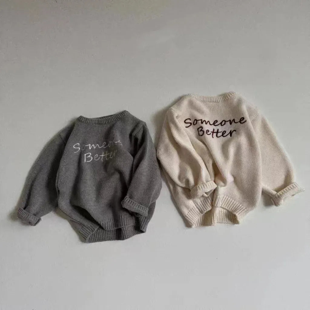 ニット・セーター ベビートップス ニットセーター レターロゴ刺繍 アプリコット グレー 2カラー
