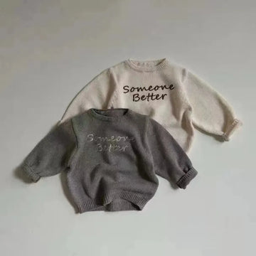 ニット・セーター ベビートップス ニットセーター レターロゴ刺繍 アプリコット グレー 2カラー