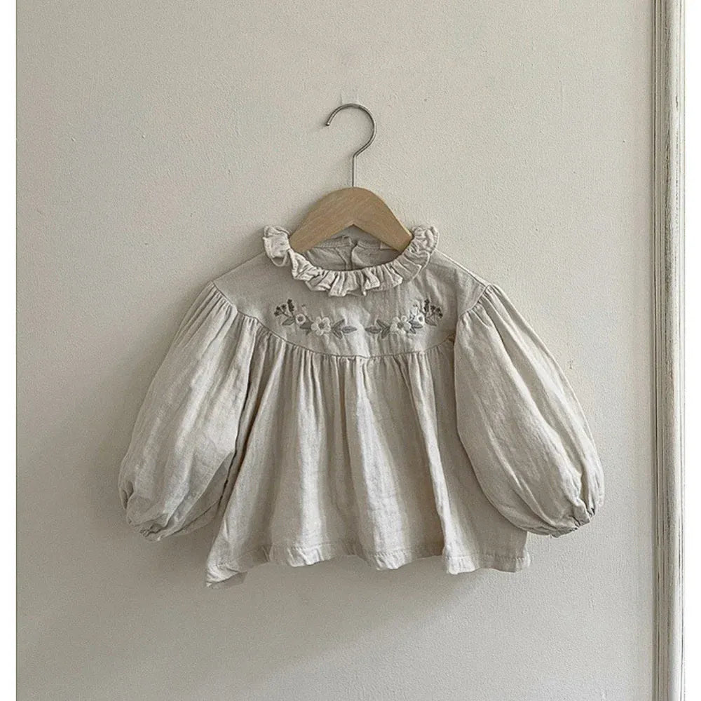 長袖シャツ・ブラウス ベビートップス 長袖ブラウス フラワー花柄刺繍 ライトグレー ベージュ 2カラー