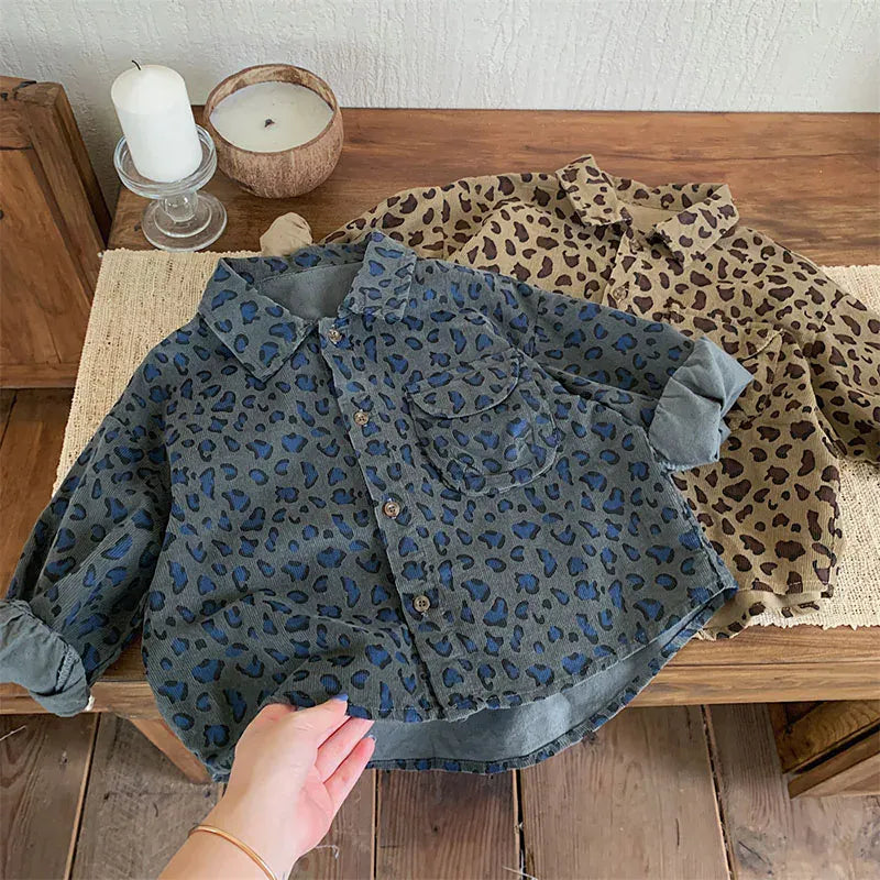 長袖シャツ・ブラウス キッズトップス 長袖シャツ ブラウス レオパード ヒョウ柄プリント カーキ グレー 2カラー