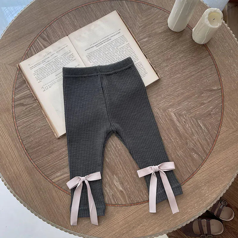 レギンスパンツ ベビーパンツ リブレギンス リボンレギンスパンツ ベージュ グレー 2カラー