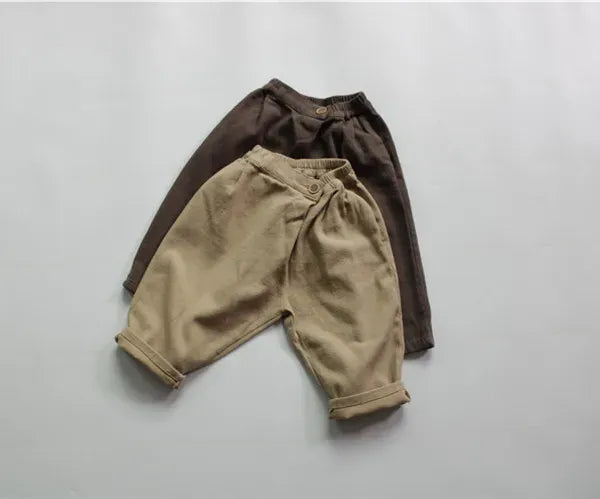 ロングパンツ・スウェットパンツ キッズパンツ 変わりボタン ルーズ ロングパンツ カーキ コーヒー 2カラー