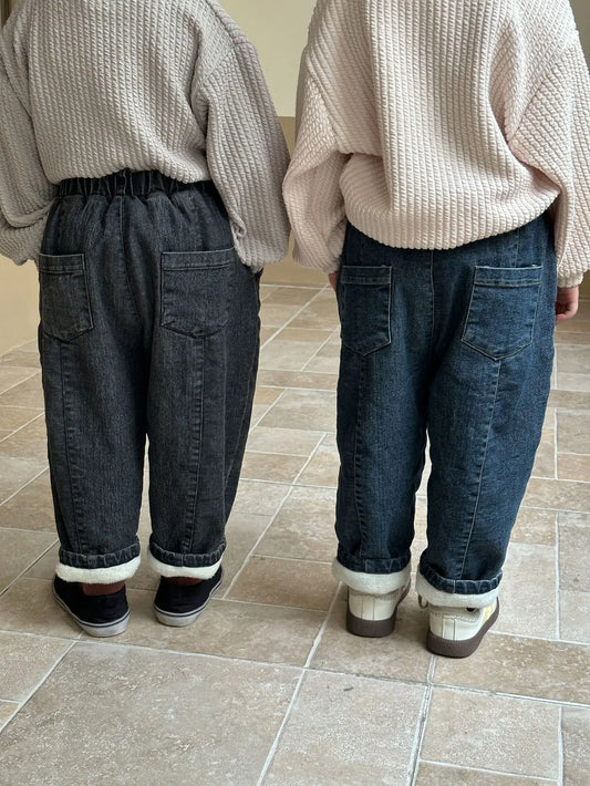 デニムパンツ キッズパンツ デニムパンツ 裏フリース ルーズパンツ 暖パン ジーンズ ブルー ブラック 2カラー