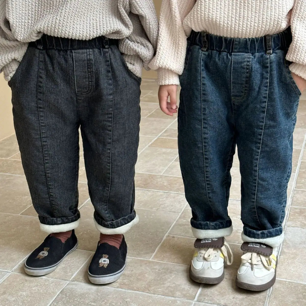 デニムパンツ キッズパンツ デニムパンツ 裏フリース ルーズパンツ 暖パン ジーンズ ブルー ブラック 2カラー