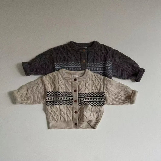 カーディガン・パーカー ベビーカーディガン ニットウェーブ刺繍 厚手 前あき カーディガンジャケット ブラウン アプリコット 2色