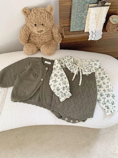 ノースリーブロンパース ベビーニットロンパース カーディガン レースニットサスペンダーロンパース ニットカーディガン 2カラー