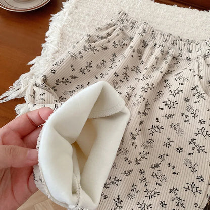 ロングパンツ・スウェットパンツ キッズパンツ コーデュロイパンツ フラワー小花柄プリント裏フリースパンツ 2カラー