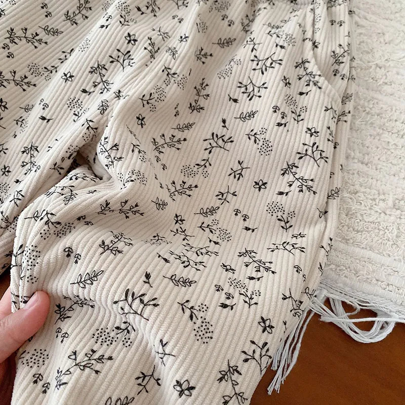 ロングパンツ・スウェットパンツ キッズパンツ コーデュロイパンツ フラワー小花柄プリント裏フリースパンツ 2カラー