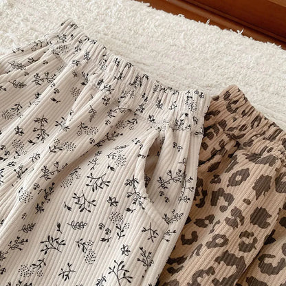 ロングパンツ・スウェットパンツ キッズパンツ コーデュロイパンツ フラワー小花柄プリント裏フリースパンツ 2カラー