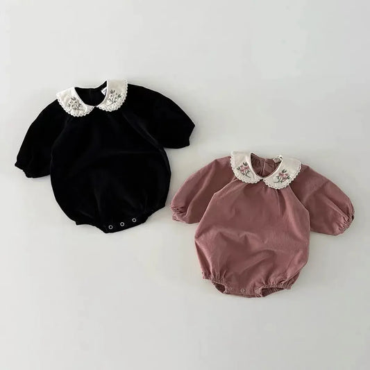 長袖ロンパース ベビー長袖ロンパース フラワー 花柄刺繍 丸襟ボディスーツ 2カラー ガールズ 女の子 子供服
