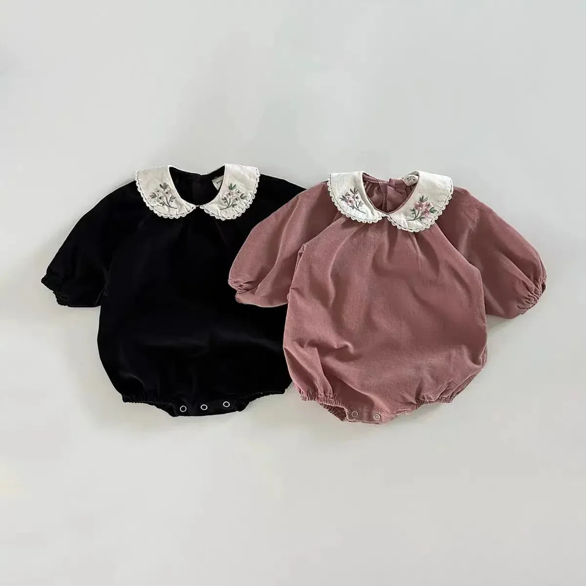 長袖ロンパース ベビー長袖ロンパース フラワー 花柄刺繍 丸襟ボディスーツ 2カラー ガールズ 女の子 子供服