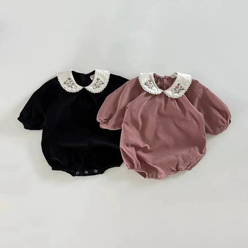長袖ロンパース ベビー長袖ロンパース フラワー 花柄刺繍 丸襟ボディスーツ 2カラー ガールズ 女の子 子供服