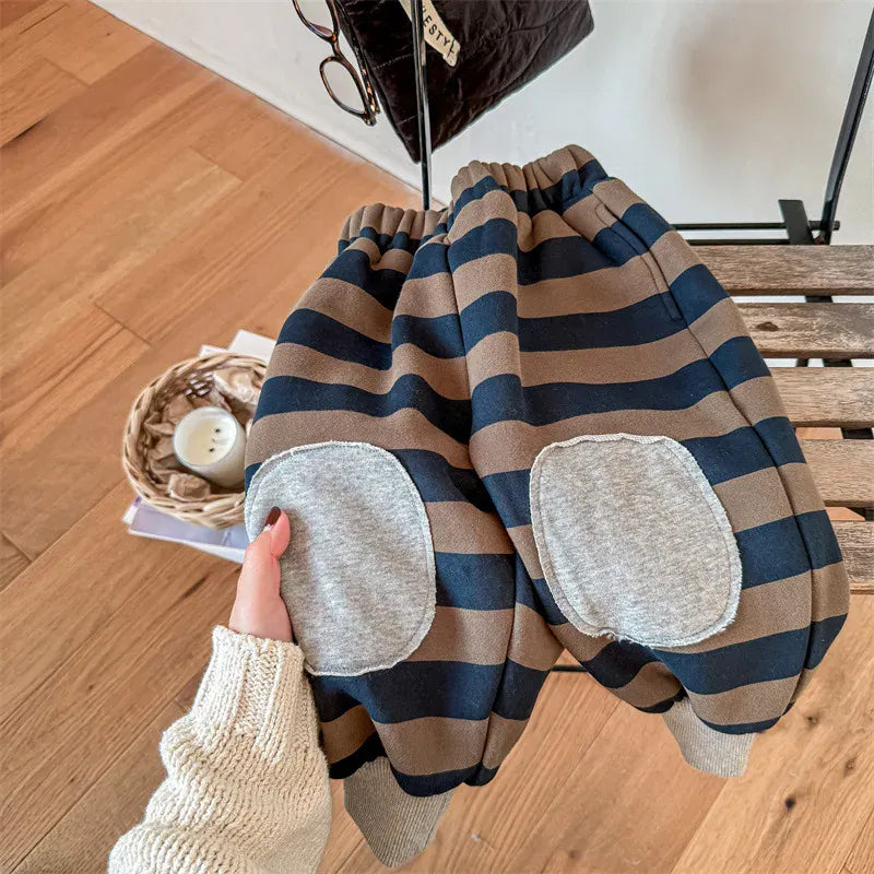 ロングパンツ・スウェットパンツ キッズパンツ ボーダー膝パッチ 裏フリーススウェットパンツ ルーズパンツ 2カラー ボーイズ 男の子 子供服