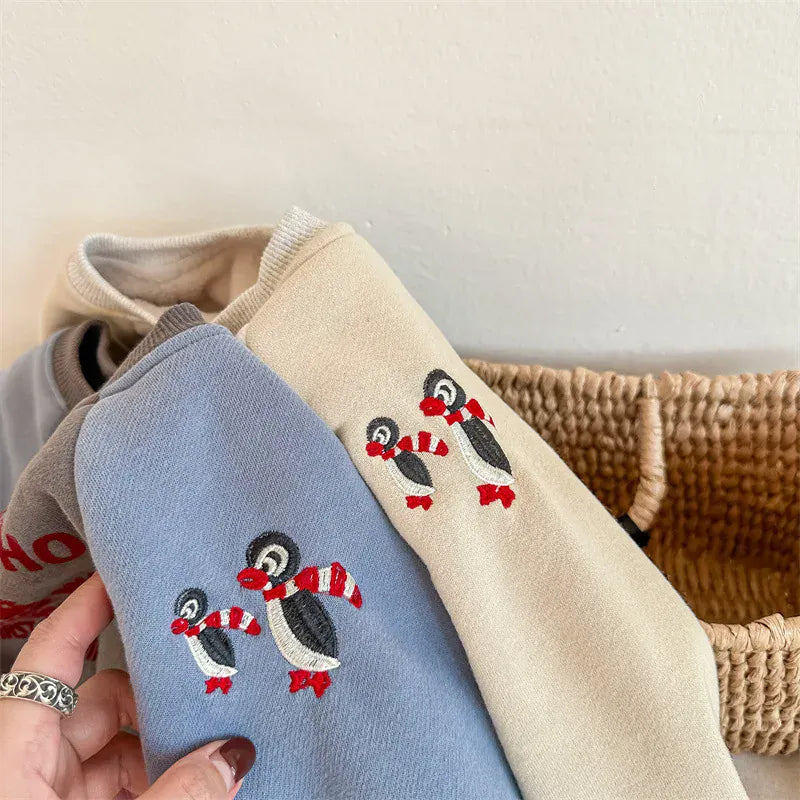 トレーナー・フーディ キッズスウェットシャツ ペンギンプリント刺繍 パッチワークトレーナー 2カラー ボーイズ 男の子 子供服