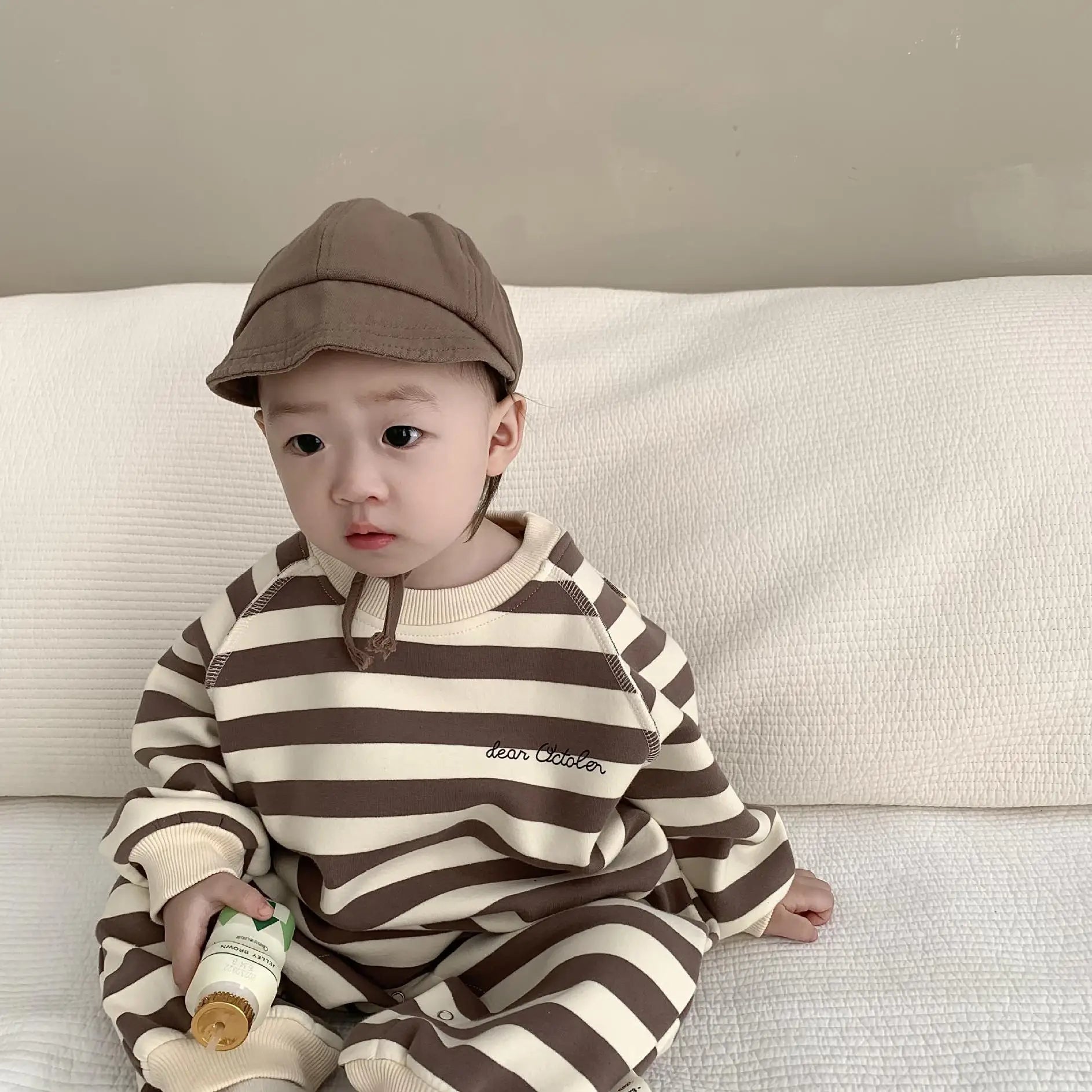 長袖ロンパース ベビー長袖ロンパース ボーダースウェットジャンプスーツ 2カラー ボーイズ 男の子 子供服