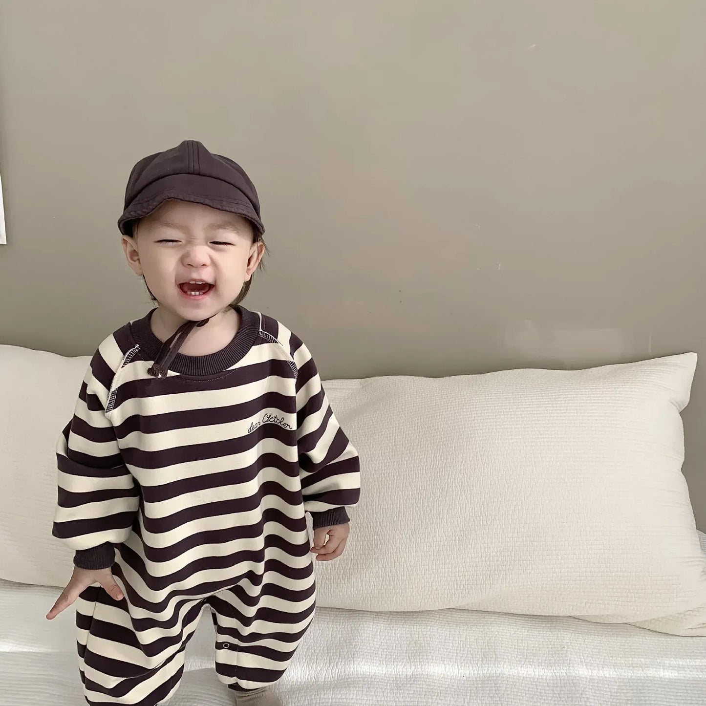 長袖ロンパース ベビー長袖ロンパース ボーダースウェットジャンプスーツ 2カラー ボーイズ 男の子 子供服