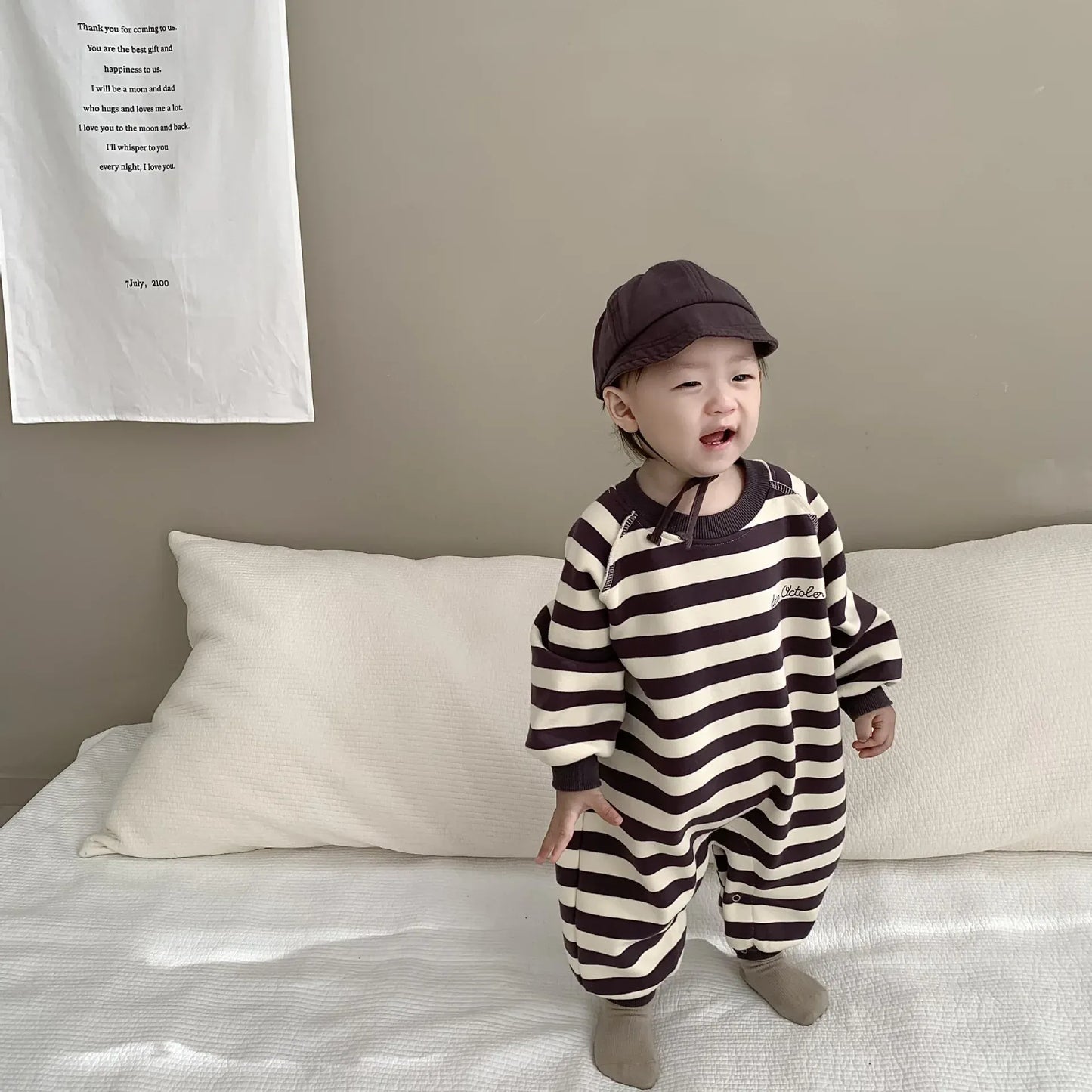 長袖ロンパース ベビー長袖ロンパース ボーダースウェットジャンプスーツ 2カラー ボーイズ 男の子 子供服