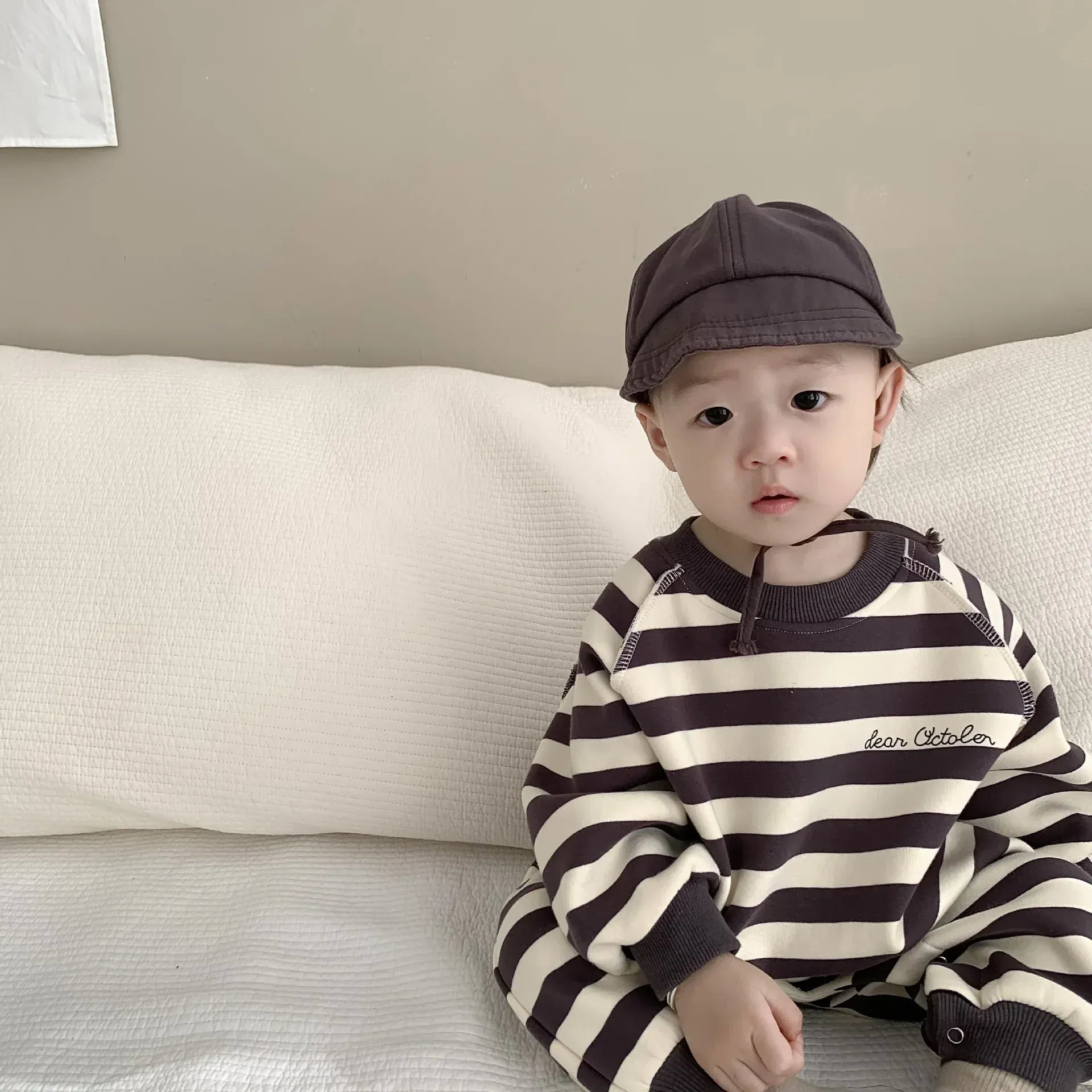 長袖ロンパース ベビー長袖ロンパース ボーダースウェットジャンプスーツ 2カラー ボーイズ 男の子 子供服