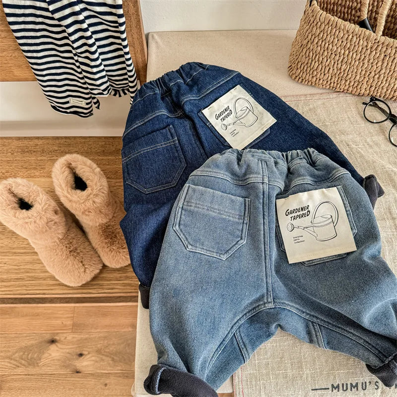 デニムパンツ キッズパンツ デニムパンツ 裏フリース 暖パン ワンポイントタグ ジーンズ ジーパン ブルー 2カラー ボーイズ 男の子 子供服
