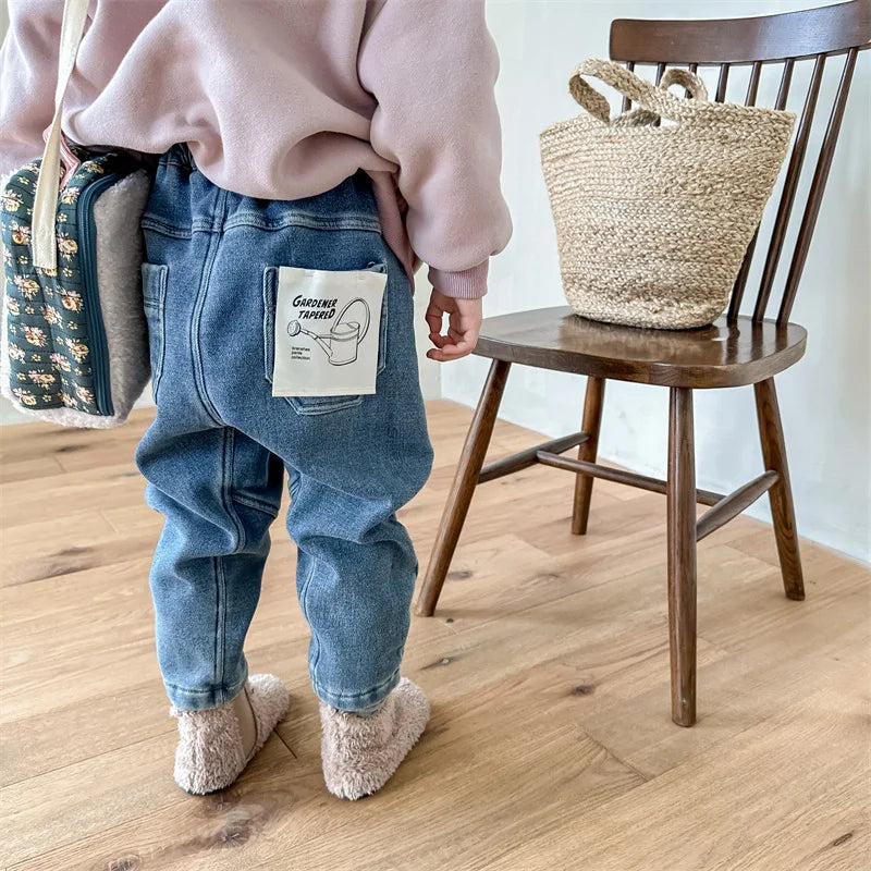 デニムパンツ キッズパンツ デニムパンツ 裏フリース 暖パン ワンポイントタグ ジーンズ ジーパン ブルー 2カラー ボーイズ 男の子 子供服