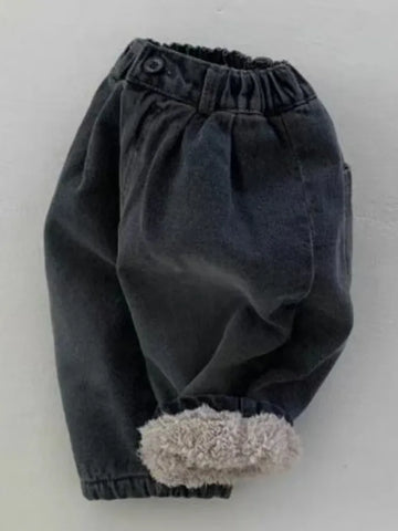 ロングパンツ・スウェットパンツ ベビーパンツ 裏ボアフリースパンツ デニムカラー スマイルプリント 暖パン ブラック ブルー 2カラー ボーイズ 男の子 子供服