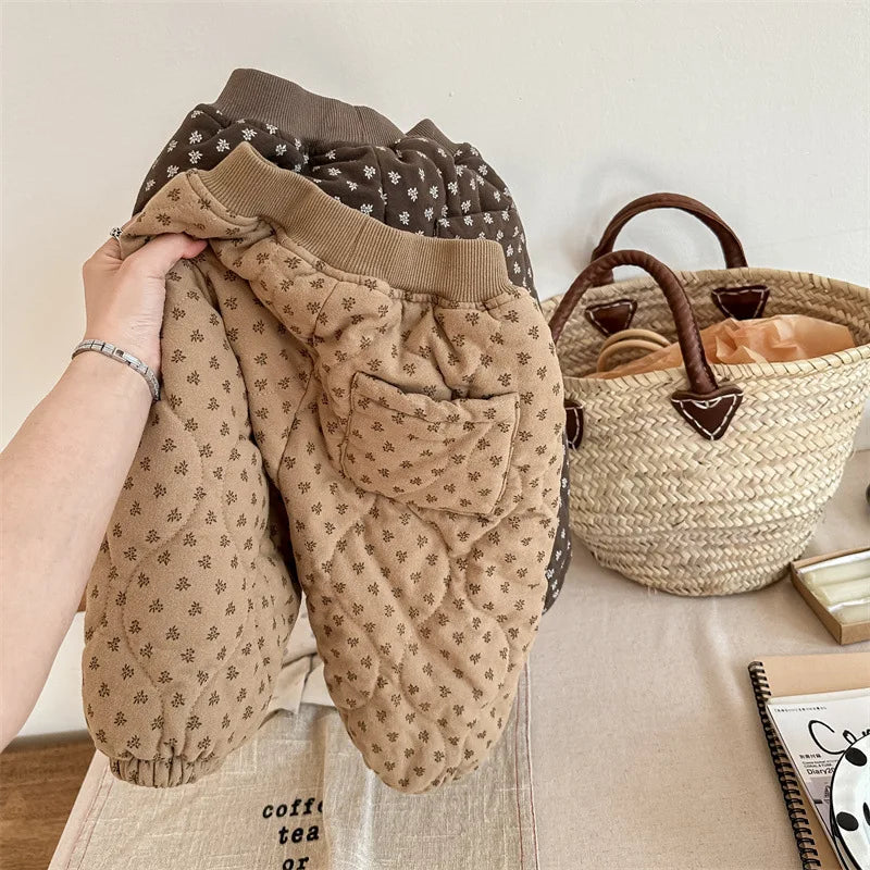 ロングパンツ・スウェットパンツ キッズパンツ キルティング裏フリース フラワー 花柄プリントパンツ 暖パン 2カラー ガールズ 女の子 子供服