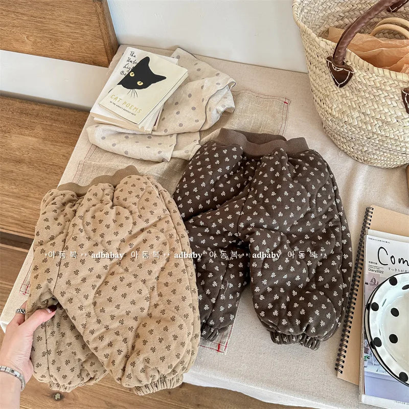 ロングパンツ・スウェットパンツ キッズパンツ キルティング裏フリース フラワー 花柄プリントパンツ 暖パン 2カラー ガールズ 女の子 子供服