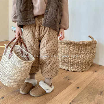 ロングパンツ・スウェットパンツ キッズパンツ キルティング裏フリース フラワー 花柄プリントパンツ 暖パン 2カラー ガールズ 女の子 子供服
