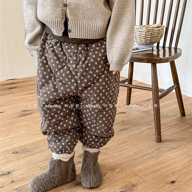 ロングパンツ・スウェットパンツ キッズパンツ キルティング裏フリース フラワー 花柄プリントパンツ 暖パン 2カラー ガールズ 女の子 子供服