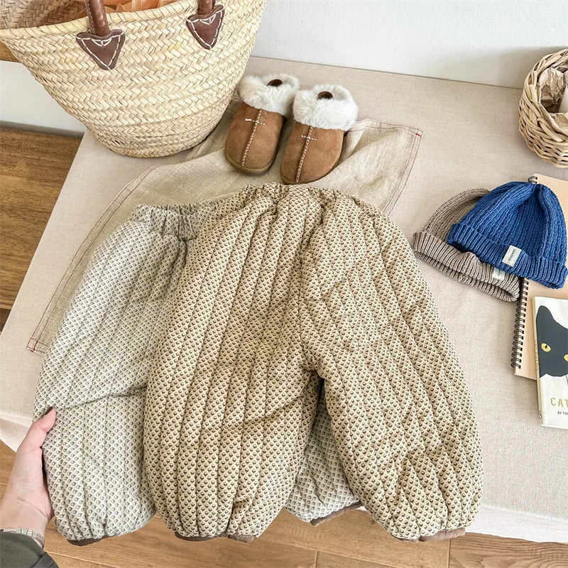 ロングパンツ・スウェットパンツ キッズパンツ キルティング裏ボアフリースパンツ 暖パン 幾何学フラワープリント 2カラー ユニセックス 男の子 女の子 子供服