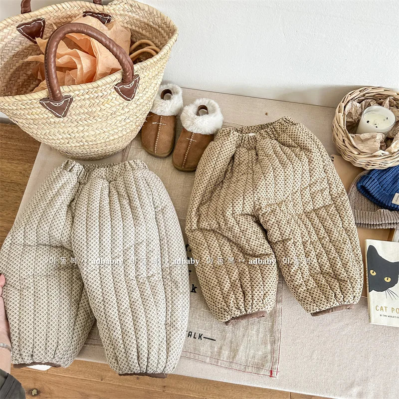 ロングパンツ・スウェットパンツ キッズパンツ キルティング裏ボアフリースパンツ 暖パン 幾何学フラワープリント 2カラー ユニセックス 男の子 女の子 子供服