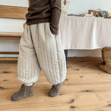 ロングパンツ・スウェットパンツ キッズパンツ キルティング裏ボアフリースパンツ 暖パン 幾何学フラワープリント 2カラー ユニセックス 男の子 女の子 子供服