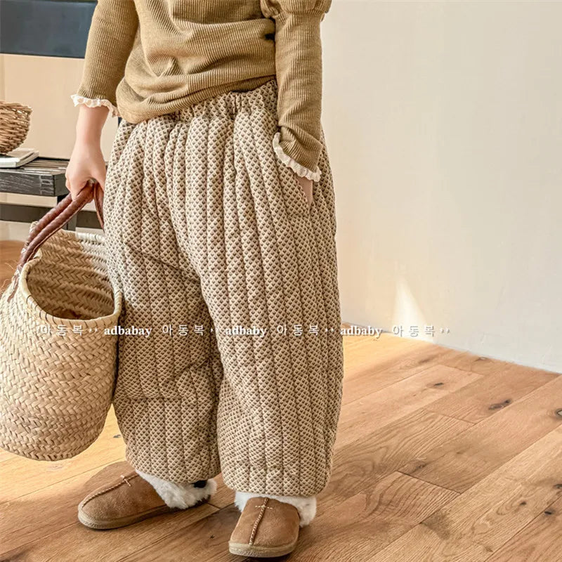 ロングパンツ・スウェットパンツ キッズパンツ キルティング裏ボアフリースパンツ 暖パン 幾何学フラワープリント 2カラー ユニセックス 男の子 女の子 子供服