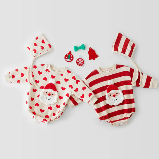 長袖ロンパース ☺︎ ベビー長袖ロンパース ボーダー ハート サンタ クリスマスコスチューム ボンネットセット 足つきレギンス 2カラー ユニセックス 男の子 女の子 子供服