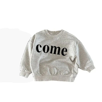 キッズスウェットシャツ（グレー系）comeロゴ刺繍、長袖プルオーバー