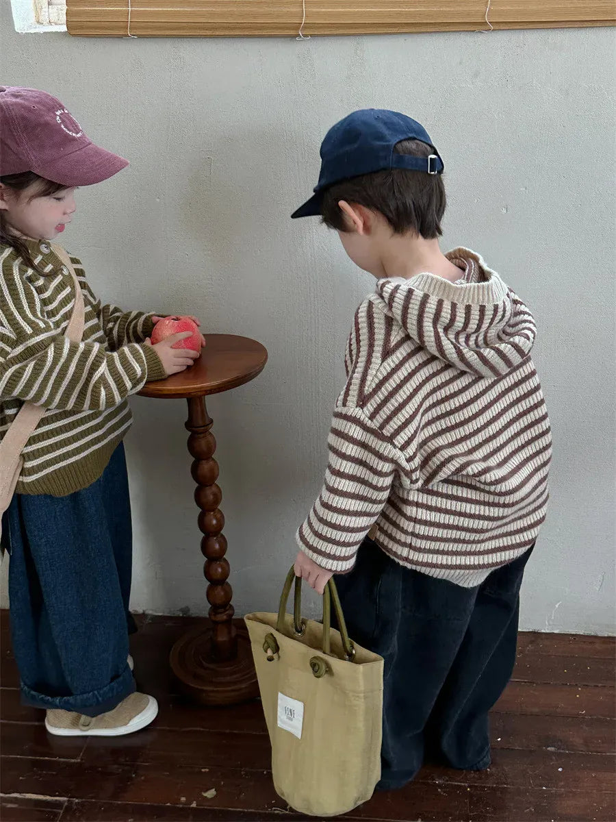 ニット・セーター キッズセーター ニットフーディ プルオーバー ボーダー コーヒー グリーン 2カラー ユニセックス 男の子 女の子 子供服