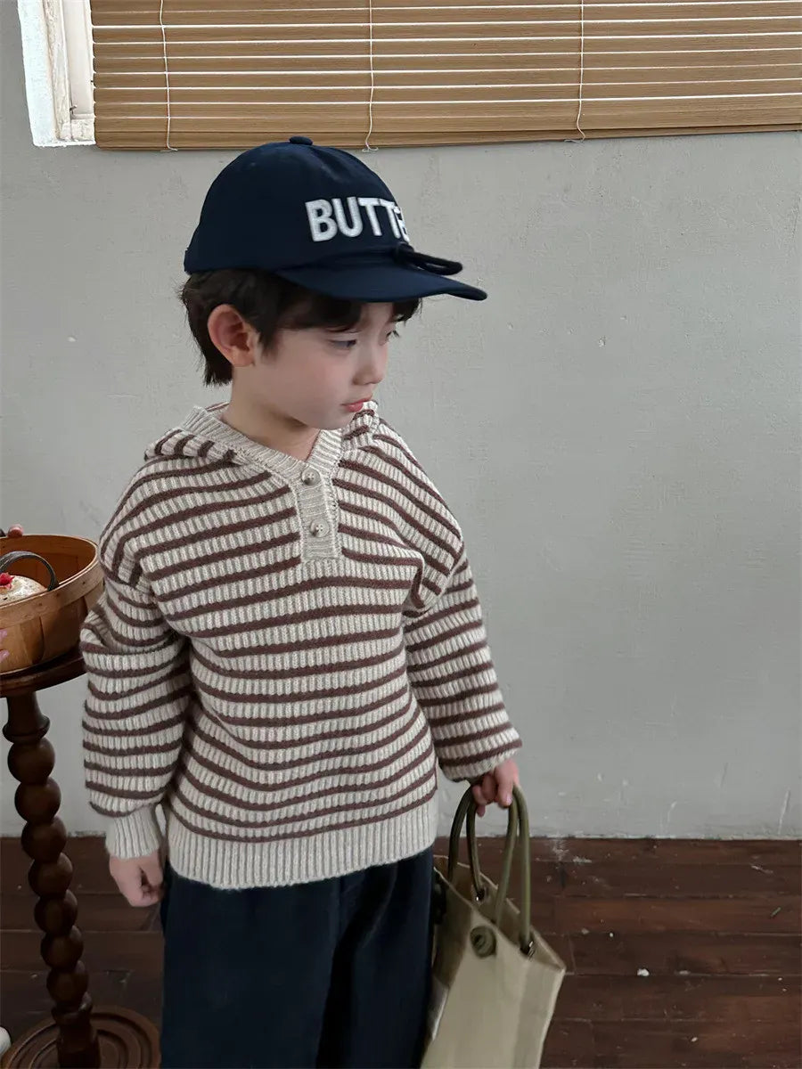 ニット・セーター キッズセーター ニットフーディ プルオーバー ボーダー コーヒー グリーン 2カラー ユニセックス 男の子 女の子 子供服