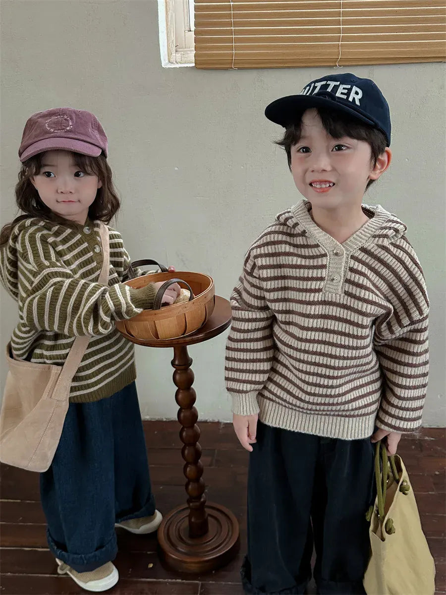 ニット・セーター キッズセーター ニットフーディ プルオーバー ボーダー コーヒー グリーン 2カラー ユニセックス 男の子 女の子 子供服